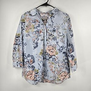 Chico's Women's Size 1/US M Blue Floral Button Up 3/4 Sleeve Top